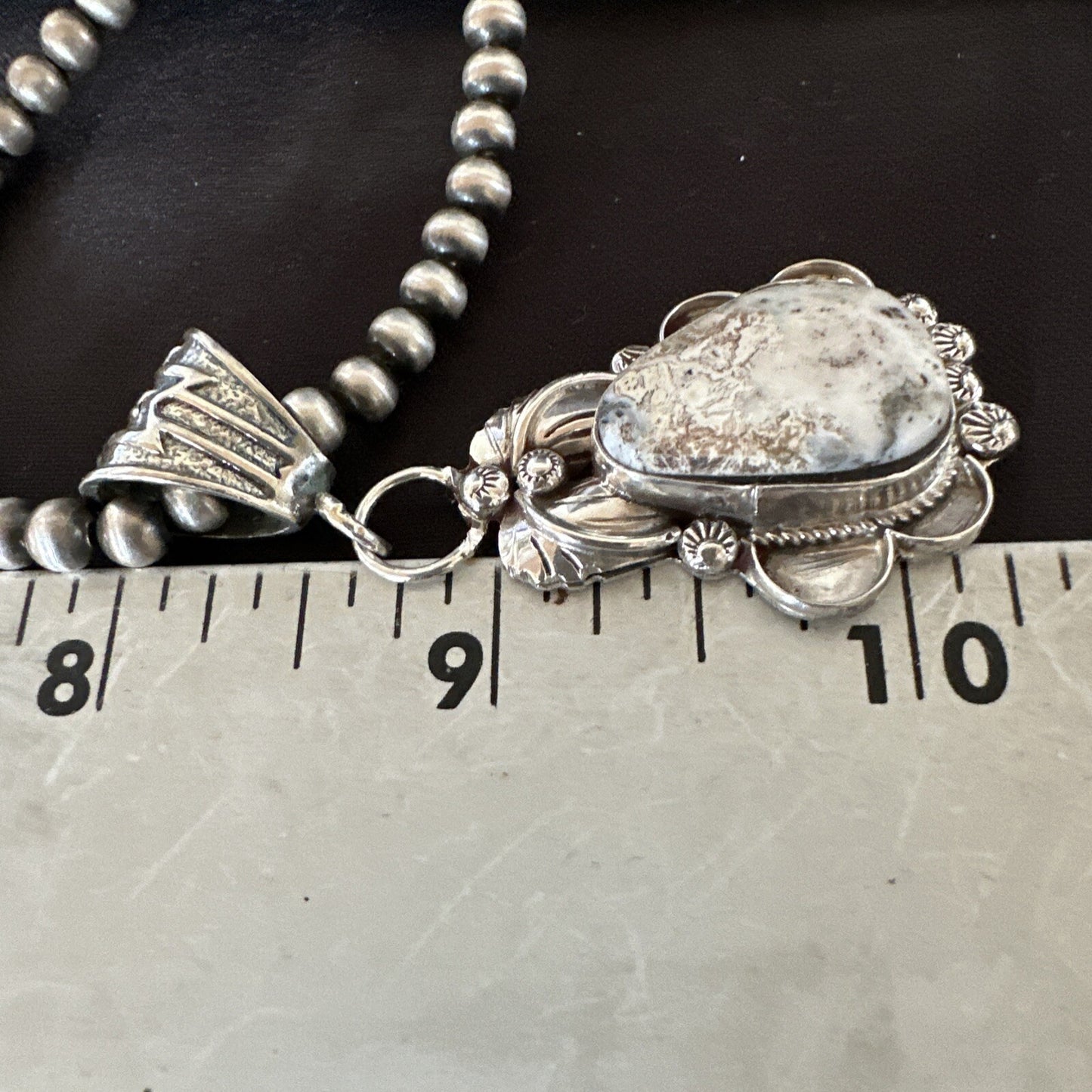 White Buffalo Turquoise Pendant  Sterling Silver Beads Necklace 17986