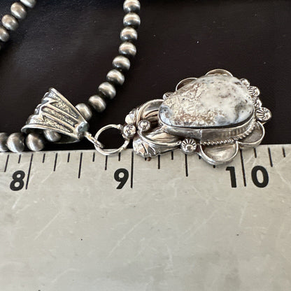 White Buffalo Turquoise Pendant  Sterling Silver Beads Necklace 17986