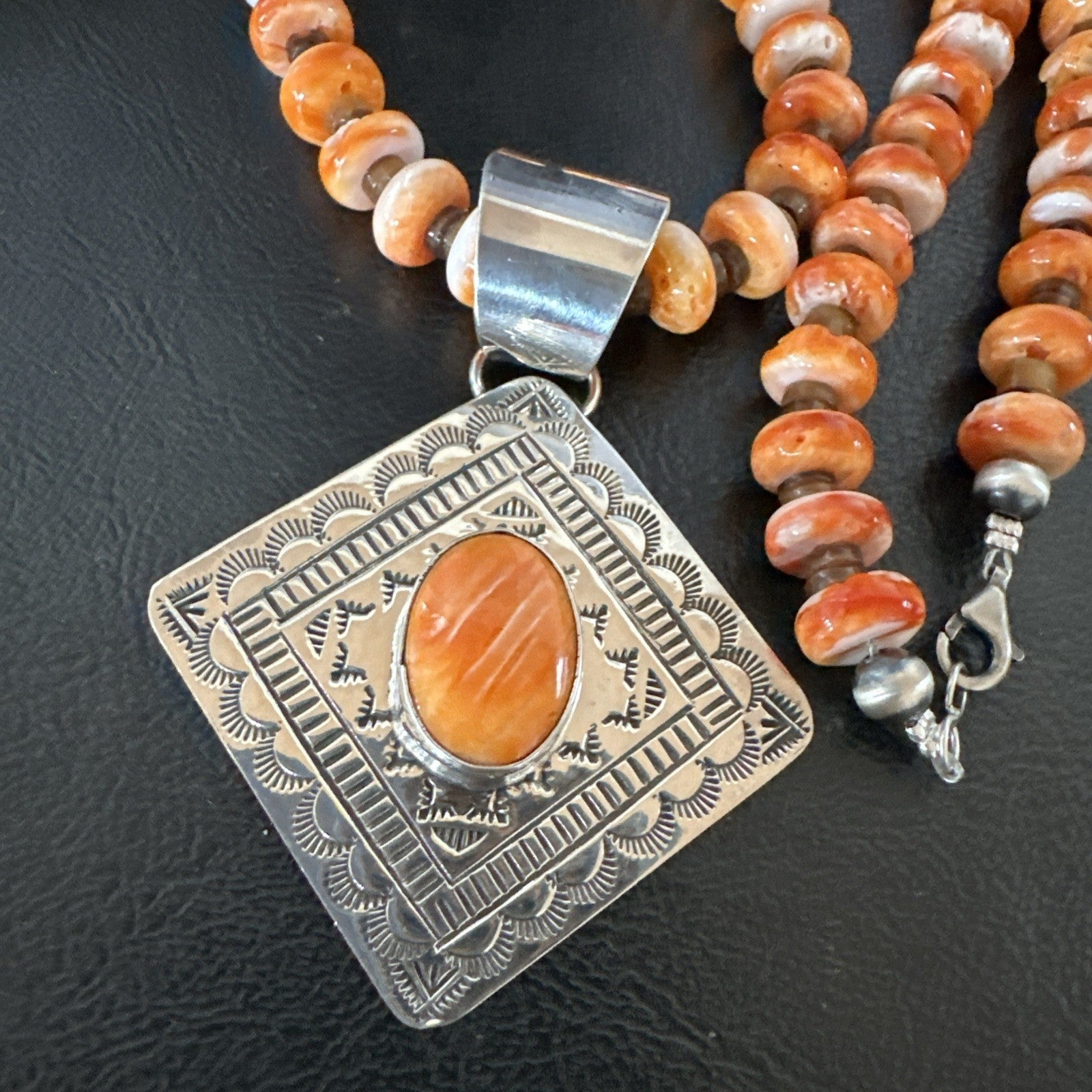 H Joe Orange Spiny Oyster Pendant Navajo Sterling Silver Necklace 19481