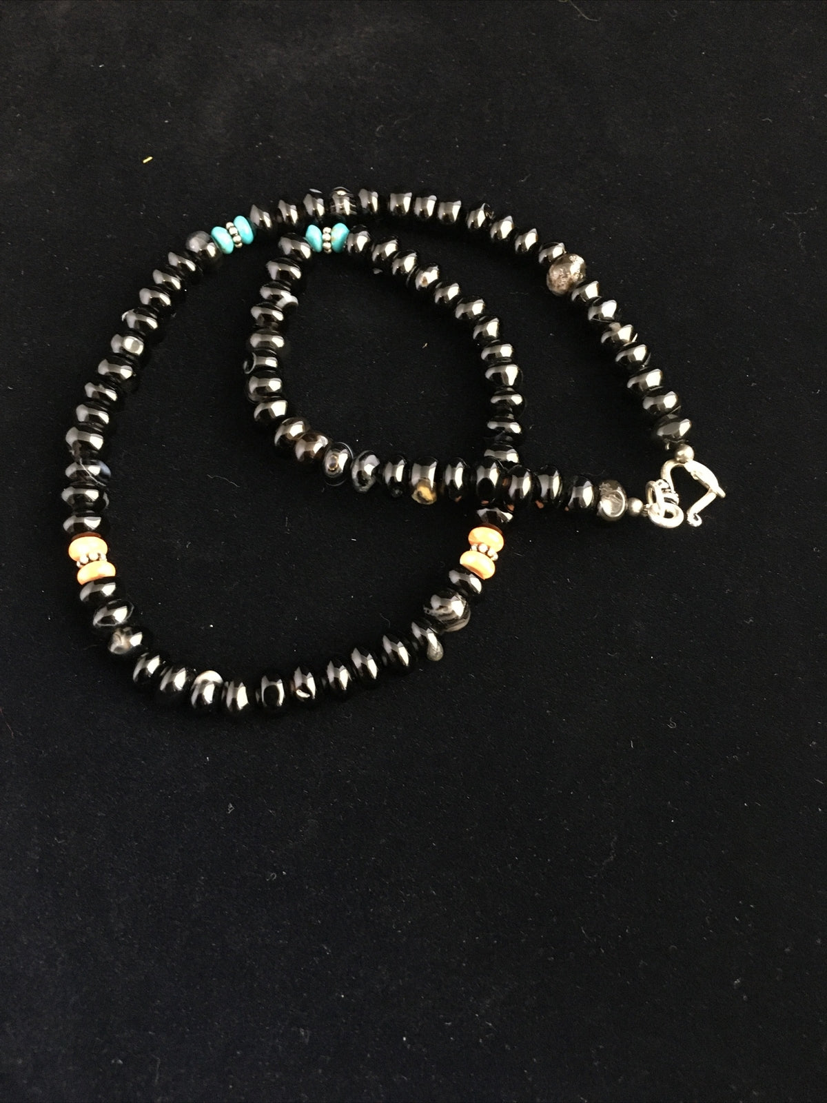 Black Onyx & Turquoise Navajo Sterling Silver Necklace 18” 10020