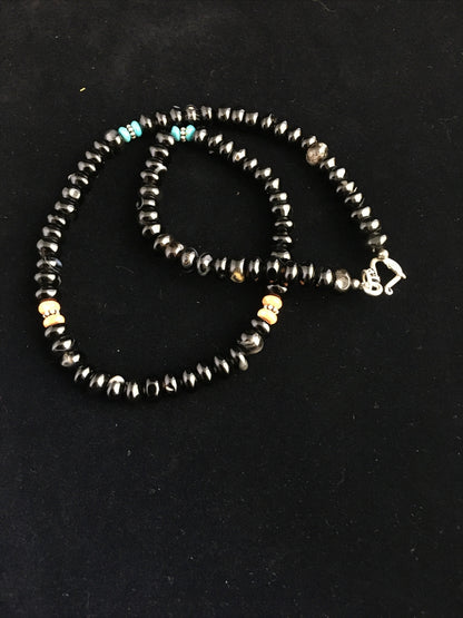 Black Onyx & Turquoise Navajo Sterling Silver Necklace 18” 10020