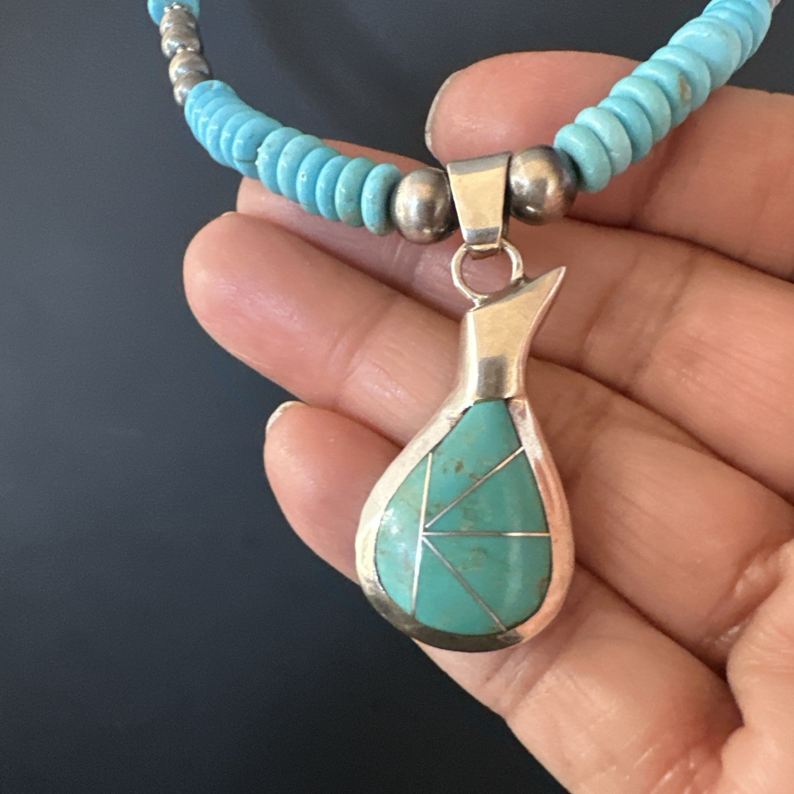 Pottery Blue Turquoise Inlay Pendant Navajo Sterling Silver Necklace 20" 19678