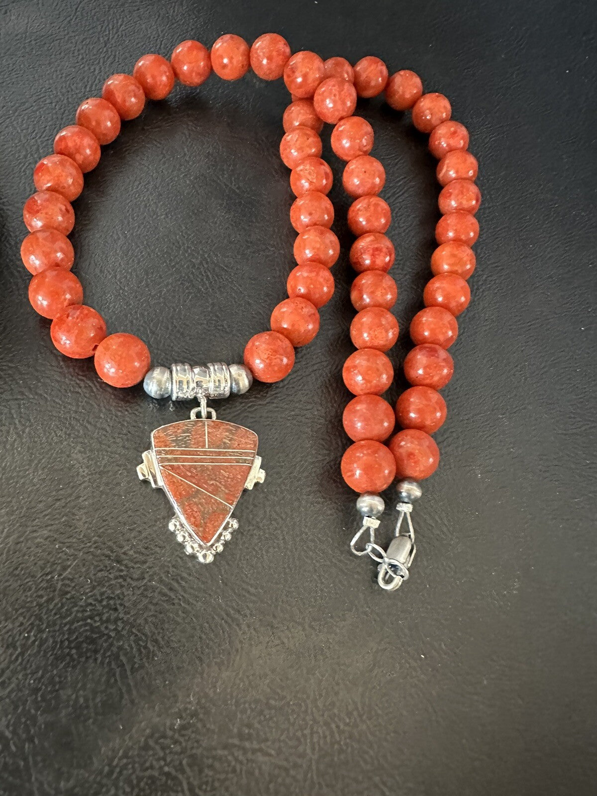 Navajo Apple Sponge Coral Sterling Silver Necklace Pendant 18328