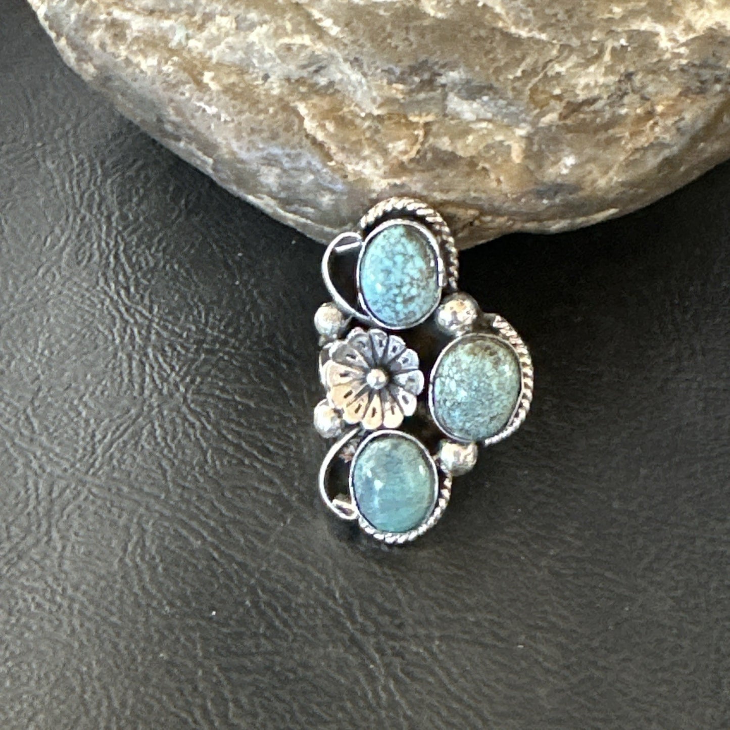 Yazzie Ring Blue Turquoise Navajo Sterling Silver Cluster Size 8 19239