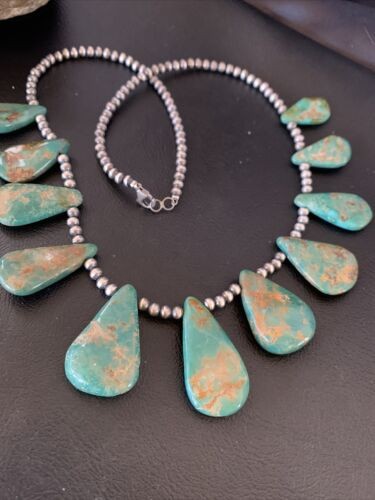 Navajo Pearls Royston Turquoise Teardrop Necklace Sterling Silver 12003