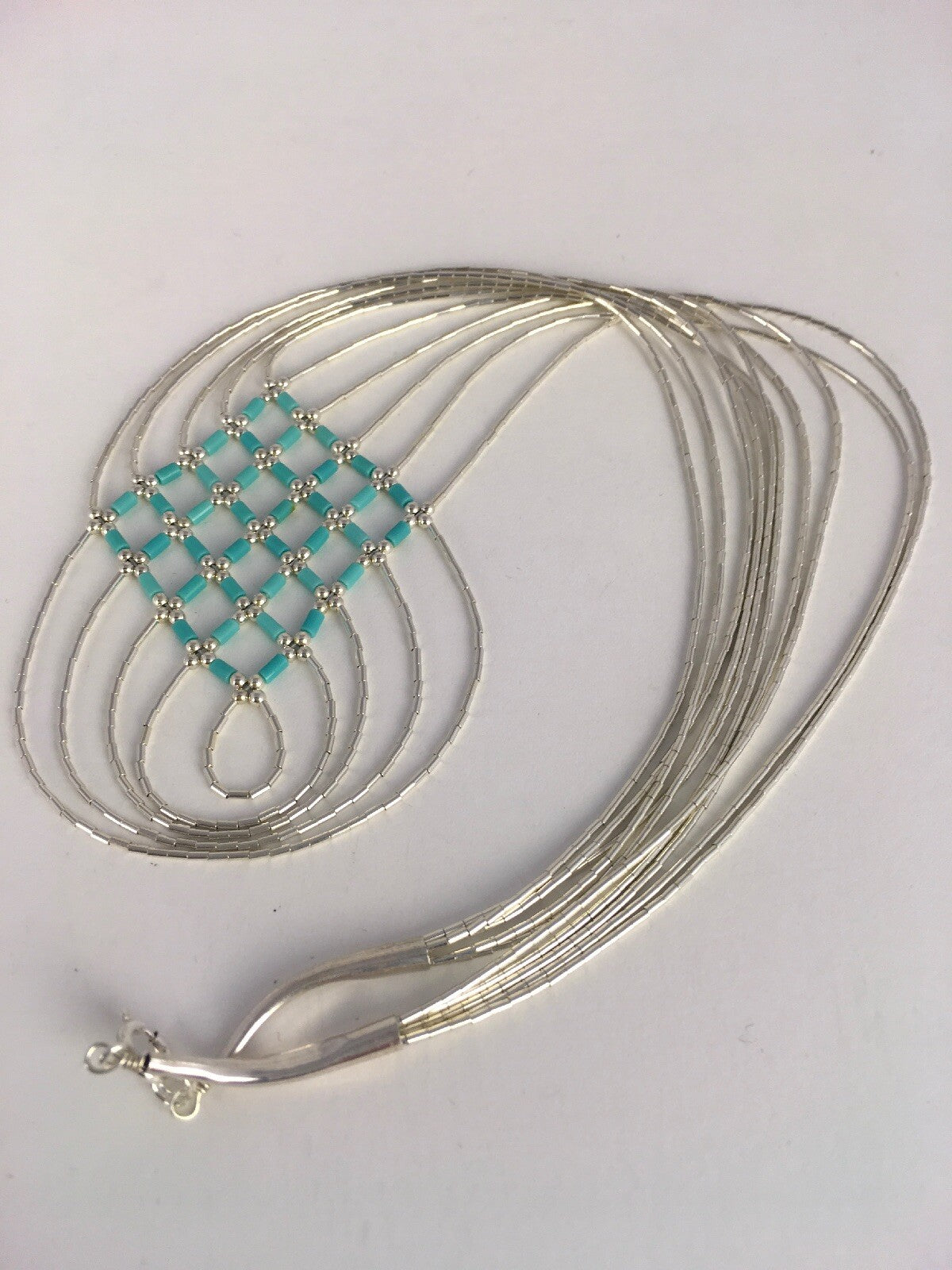 Turquoise Heishi Tubes Pendant 5 Strands Liquid Sterling Silver Necklace 0888