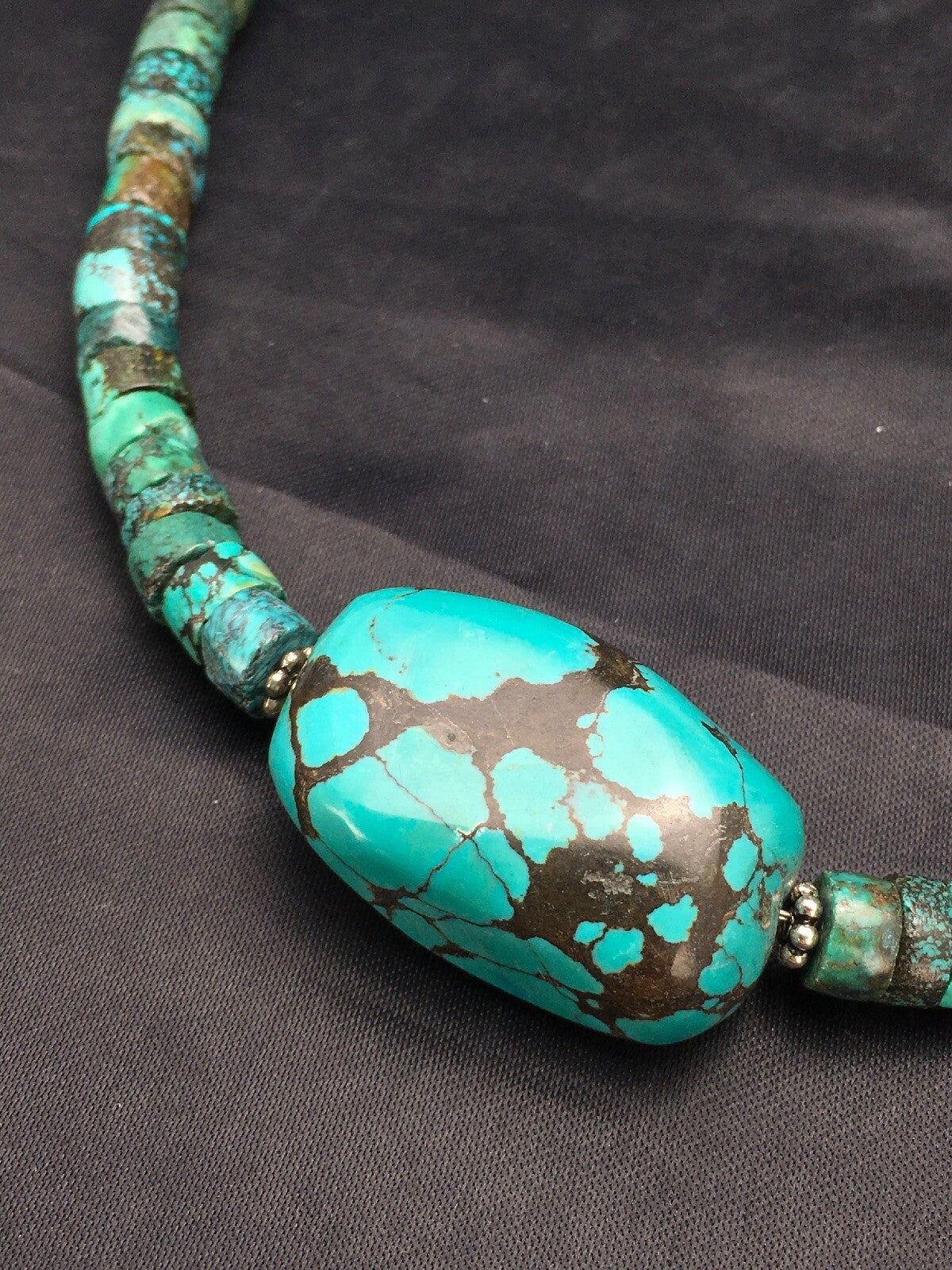 Spider Web Turquoise Heishi Navajo Sterling Silver Beads Necklace 21" 02960