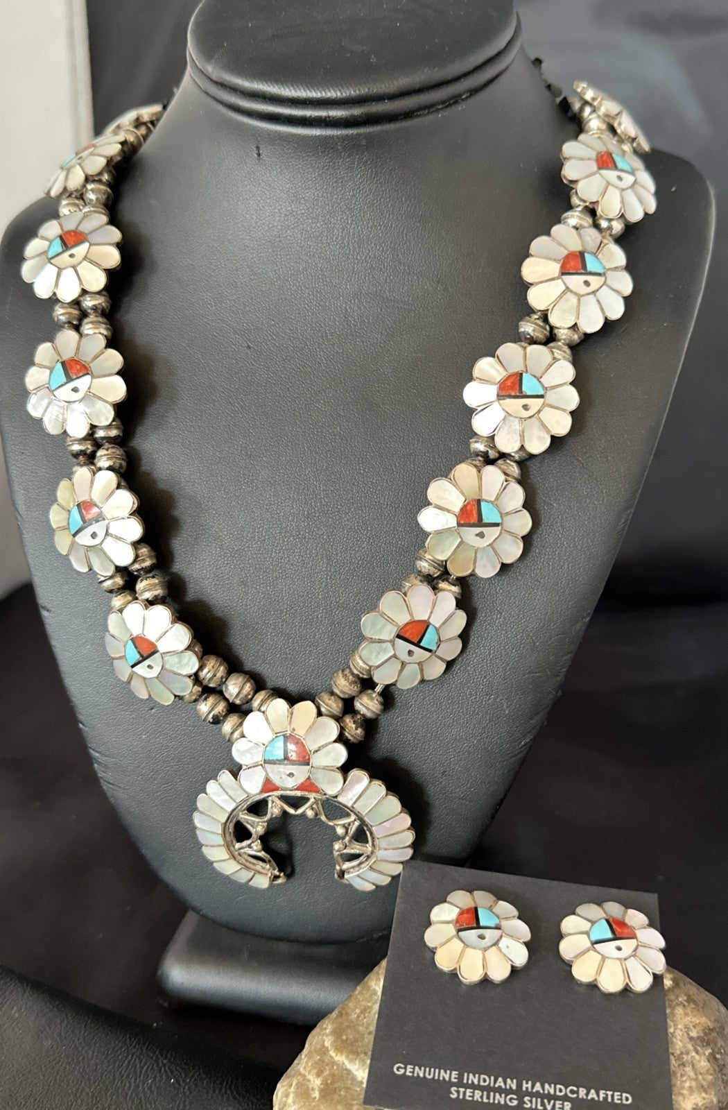 Old Pawn Sunface Turquoise Zuni Sterling Silver Squash Necklace Earrings 19085