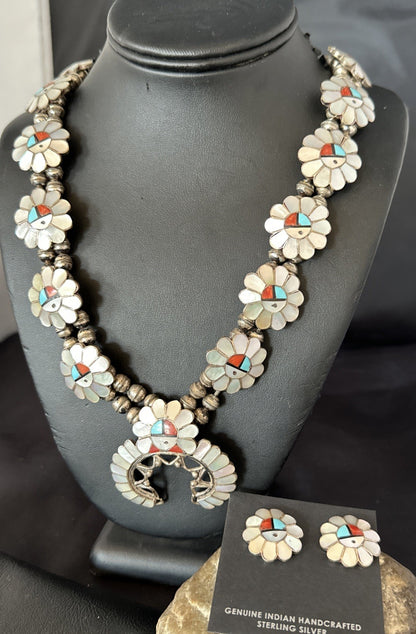 Old Pawn Sunface Turquoise Zuni Sterling Silver Squash Necklace Earrings 19085
