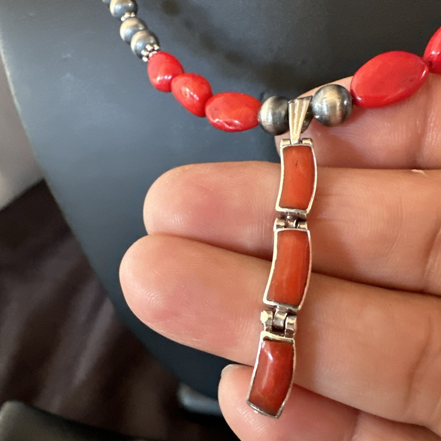 Red Coral Pendant Navajo Pearls Sterling Silver Necklace 23" 18363