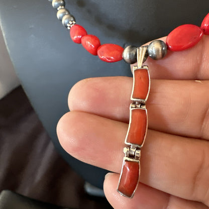 Red Coral Pendant Navajo Pearls Sterling Silver Necklace 23" 18363
