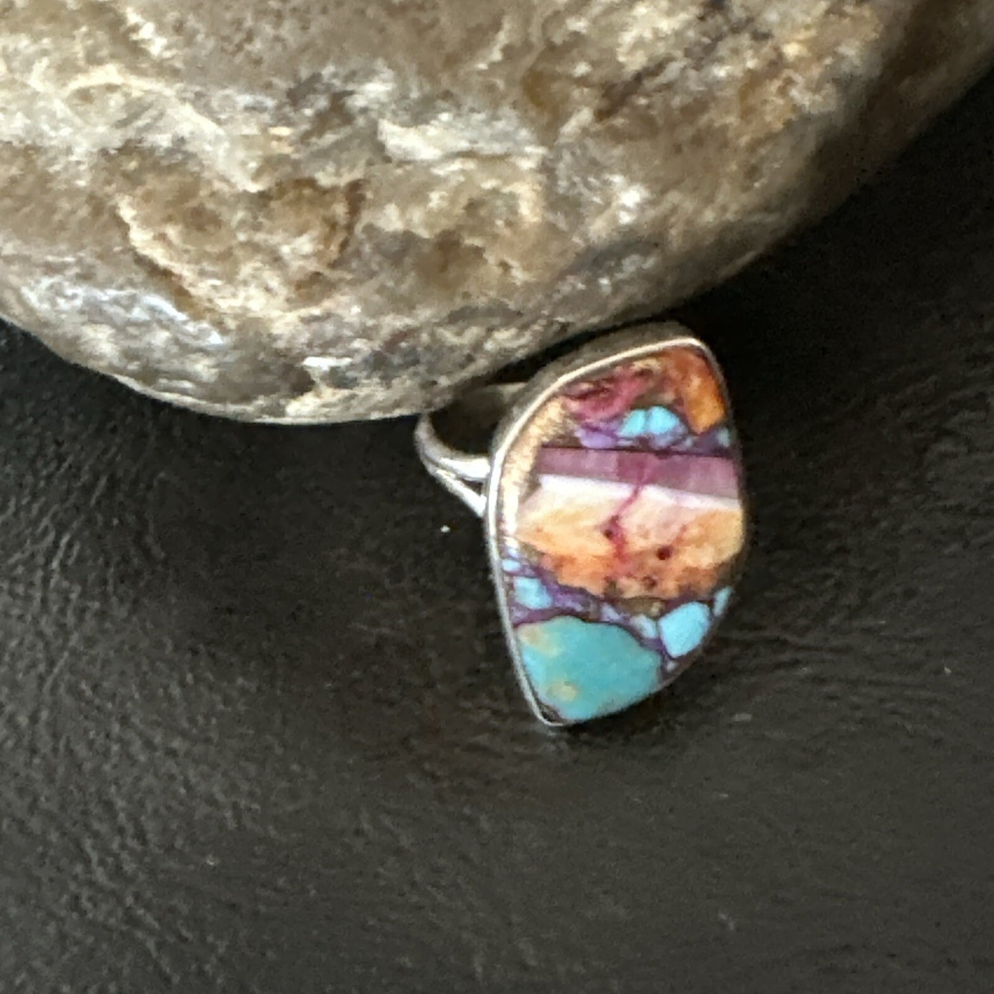 Blue Turquoise Spiny Oyster Southwestern Sterling Silver Ring Size 8 18440