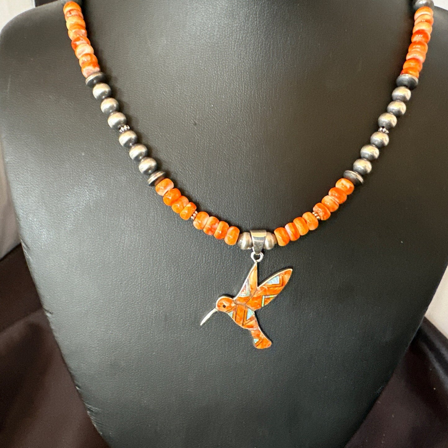 HummingBird Orange Spiny Oyster Opal Sterling Silver Necklace Pendant 18675