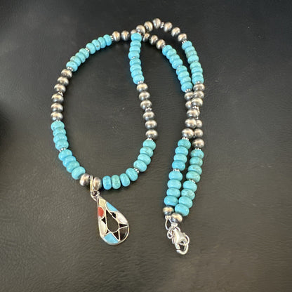 Zuni Turquoise Pink MOP Inlay Pendant 2Sided Necklace Sterling Silver 18064