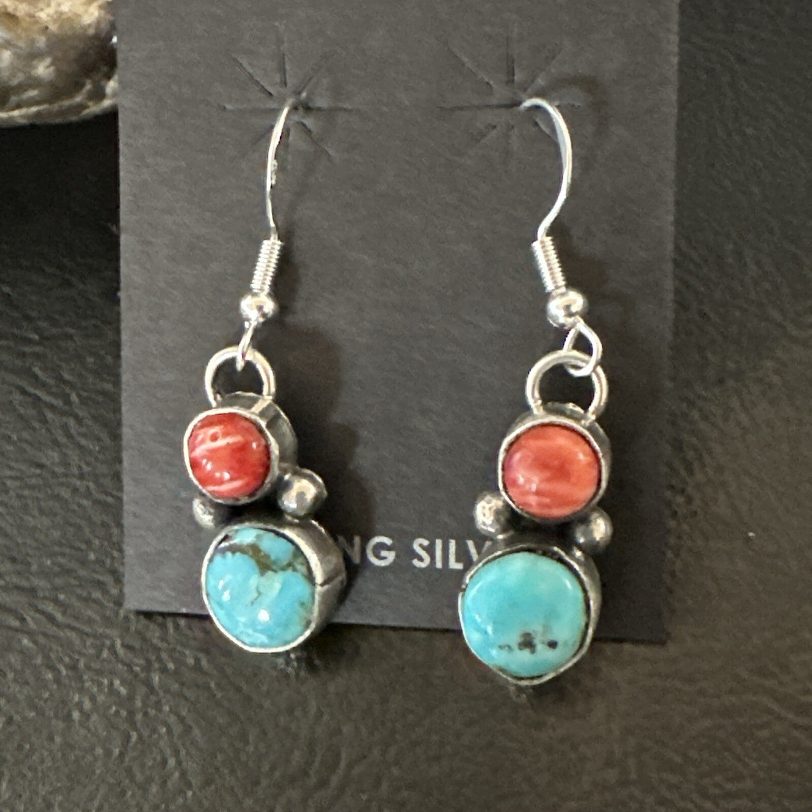 Handmade Blue Turquoise Red Coral Sterling Silver Navajo Dangle Earrings 18845