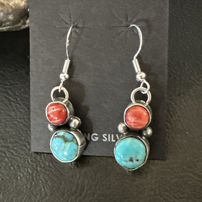 Handmade Blue Turquoise Red Coral Sterling Silver Navajo Dangle Earrings 18845
