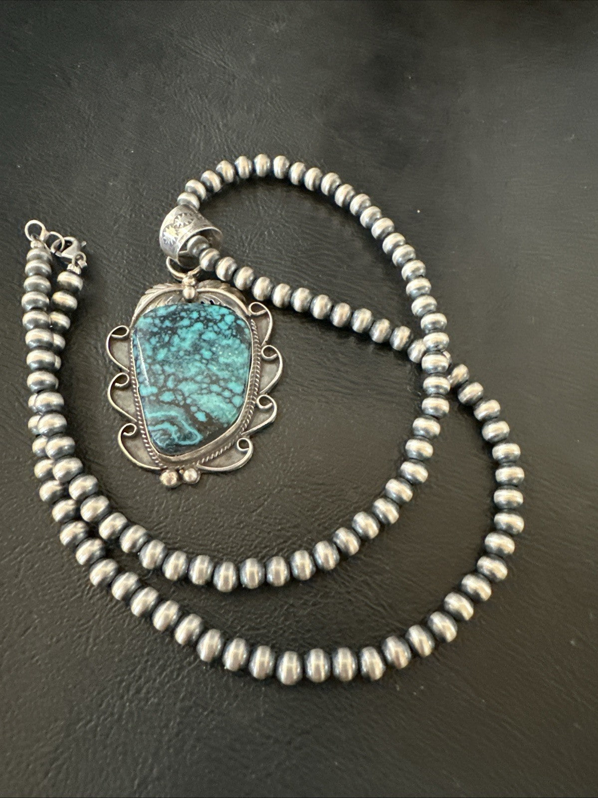 WoMens Blue Spiderweb Turquoise Pendant Navajo Sterling Silver Necklace 19298