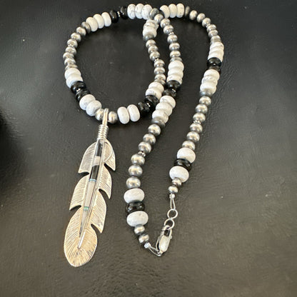 Feather White Buffalo Turquoise Opal Pendant Sterling Silver Necklace 21” 18670