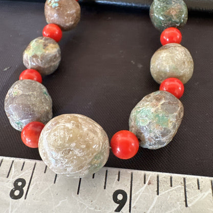 Rustic Turquoise Red Coral Navajo Pearls Sterling Silver Necklace 24" 18320