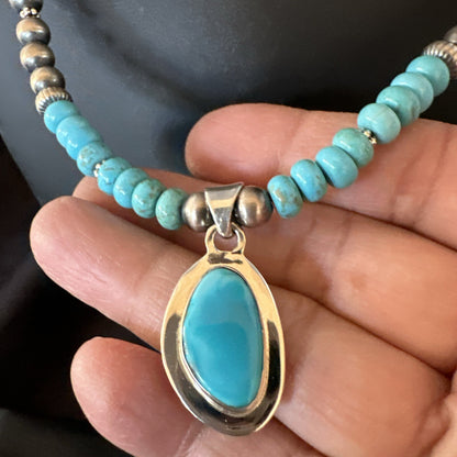 WoMens Blue Kingman Turquoise Pendant Navajo Sterling Silver Necklace 21" 18416