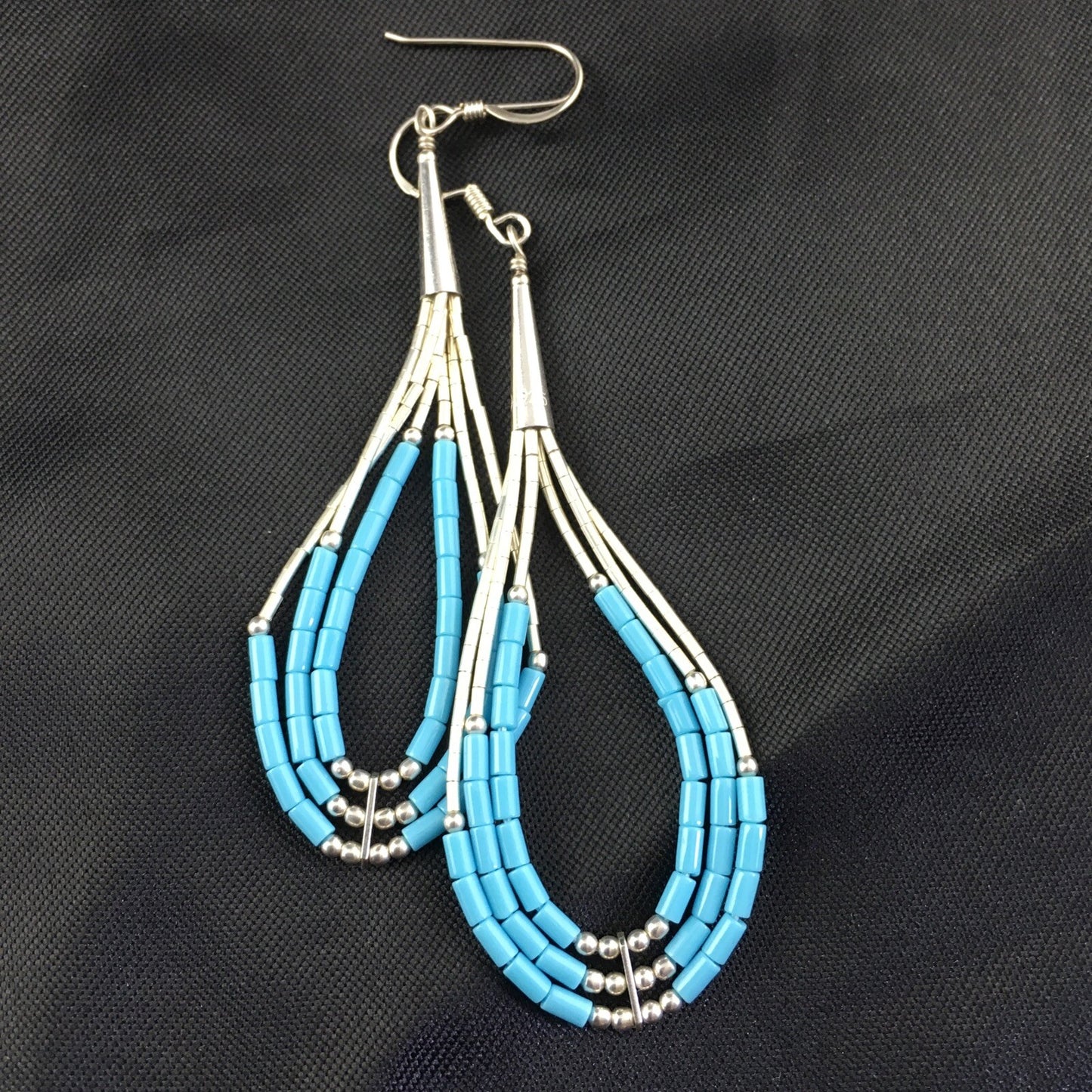 Native Turquoise Heishi Tube Liquid Sterling Silver Dangle Earrings 2" 08875