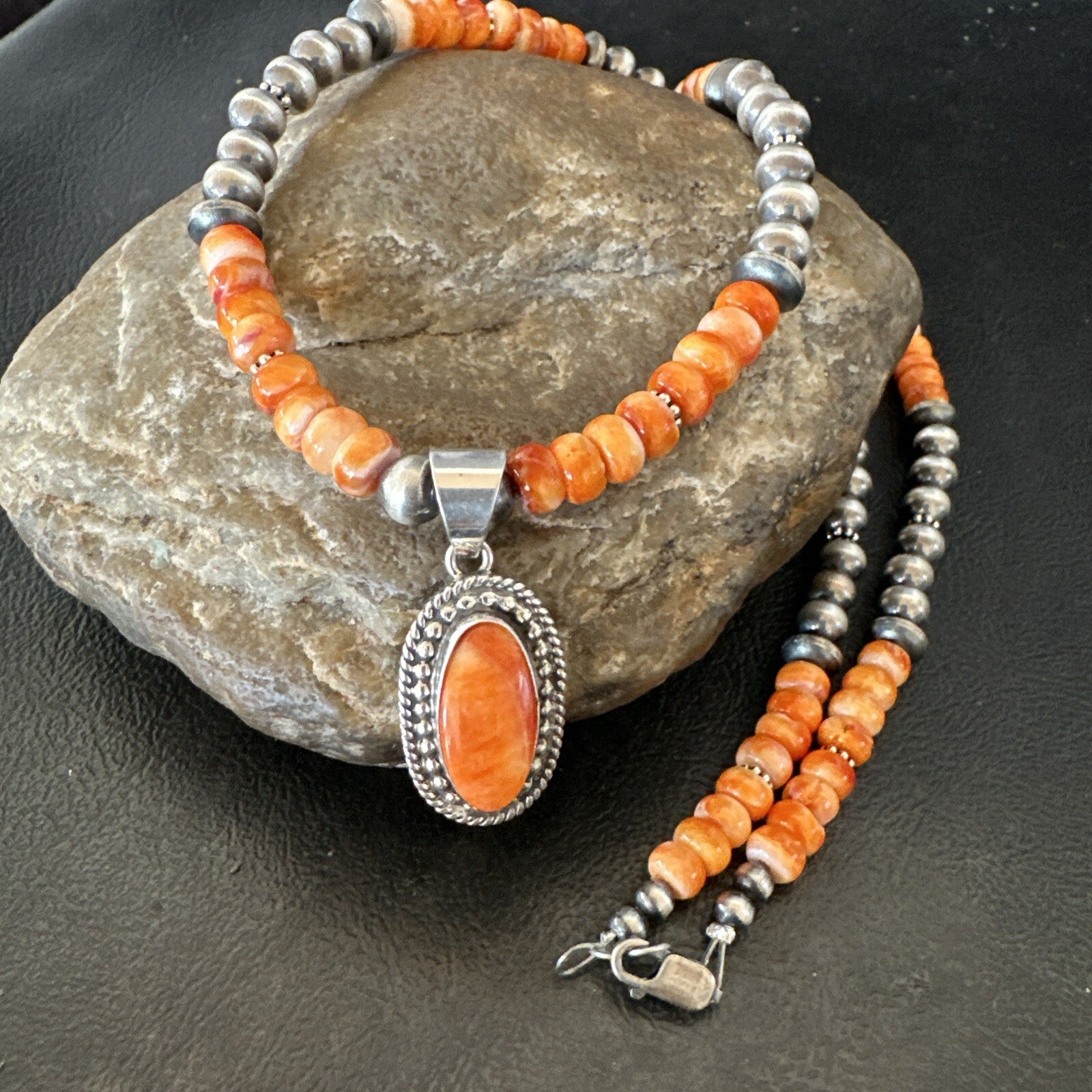 Orange Spiny Oyster Navajo Pearls Sterling Silver  Necklace Pendant 18679