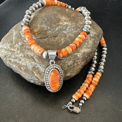 Orange Spiny Oyster Navajo Pearls Sterling Silver  Necklace Pendant 18679