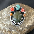 Cluster Blue Turquoise Spiny Oyster Ring Size 8 | Sterling Silver | Authentic Native American Handmade | 18567