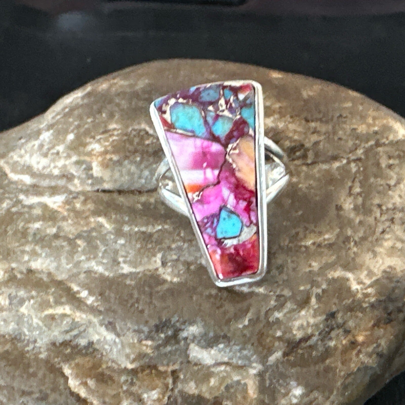 Blue Turquoise Spiny Oyster Southwestern Sterling Silver Ring Size 6 18473