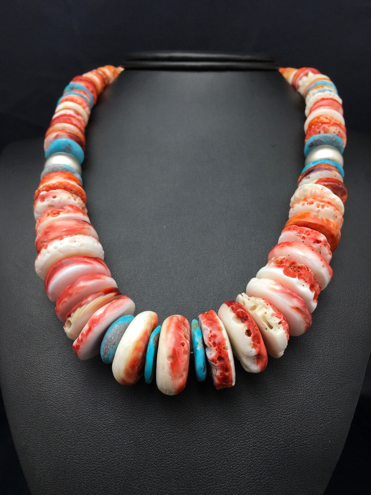 Native Spiny Oyster Graduated Necklace Navajo Sterling Silver 20" 4177