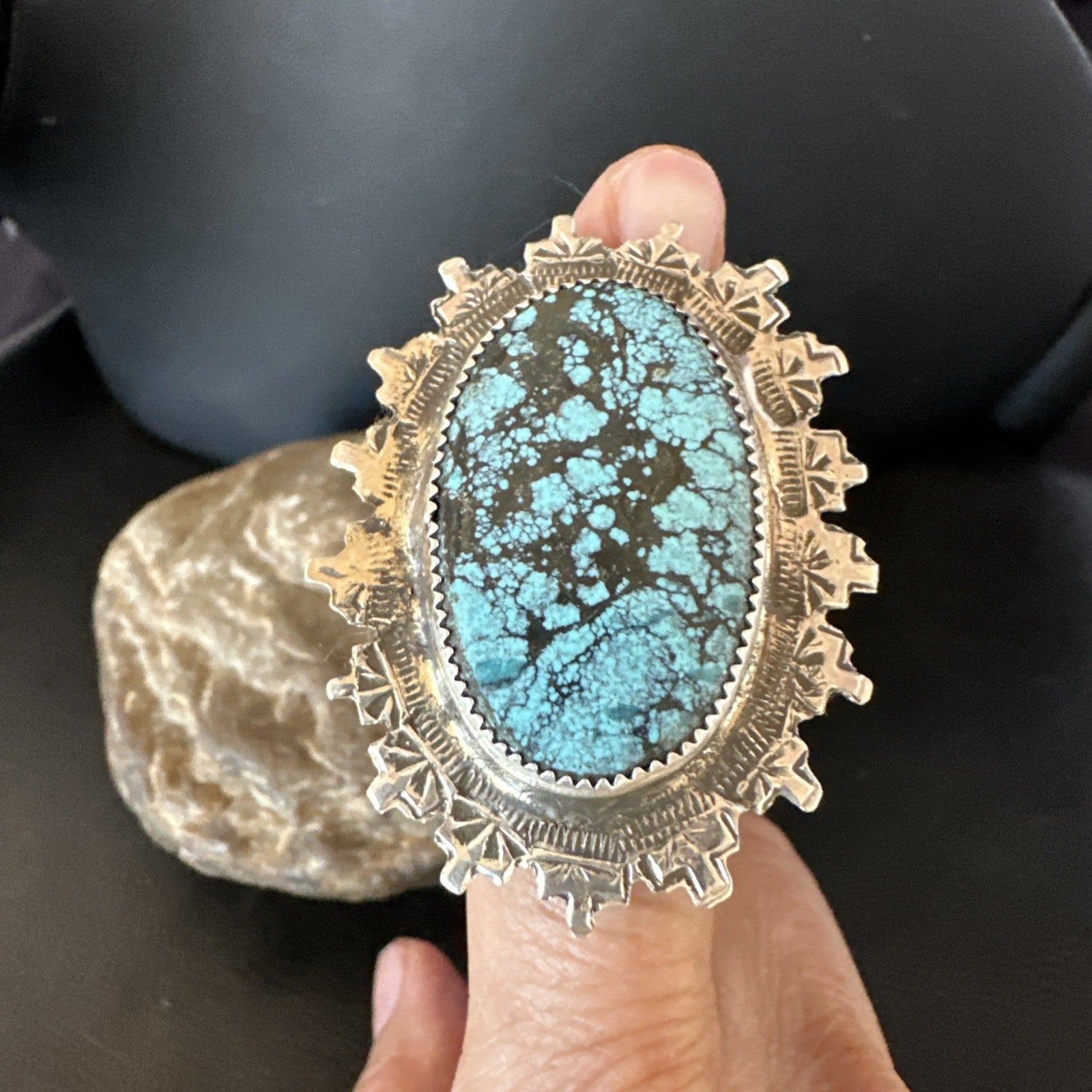 Blue Spiderweb Turquoise Navajo Sterling Silver Ring Size 5.5 19108