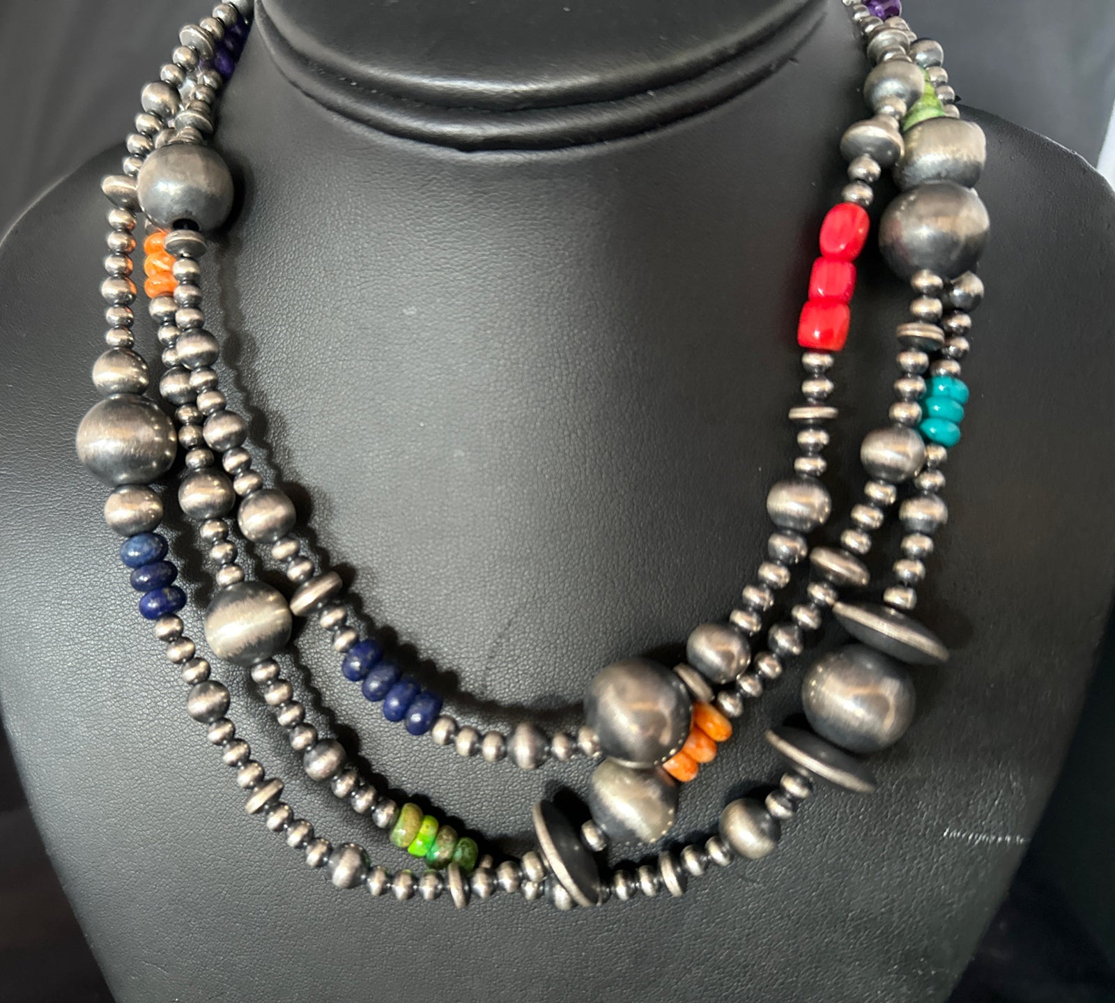 Turquoise Coral & Spiny Oyster Navajo Pearls Sterling Silver Bead Necklace 60"