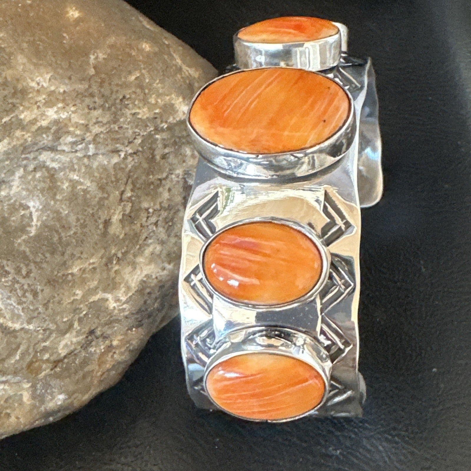 Orange Spiny Oyster 5 Stone Row Sterling Silver Navajo Cuff Bracelet 7.7" 19475