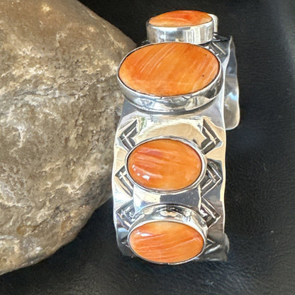 Orange Spiny Oyster 5 Stone Row Sterling Silver Navajo Cuff Bracelet 7.7" 19475