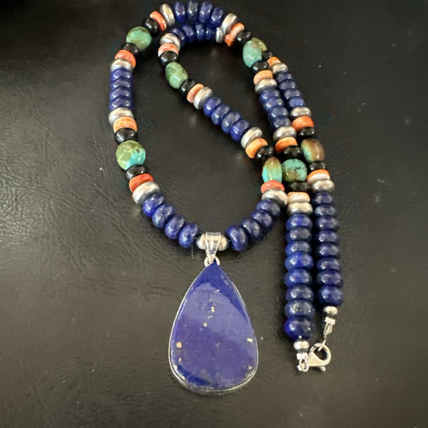 Lapis Turquoise Spiny Necklace Southwestern Sterling Silver Pendant 22” 19470
