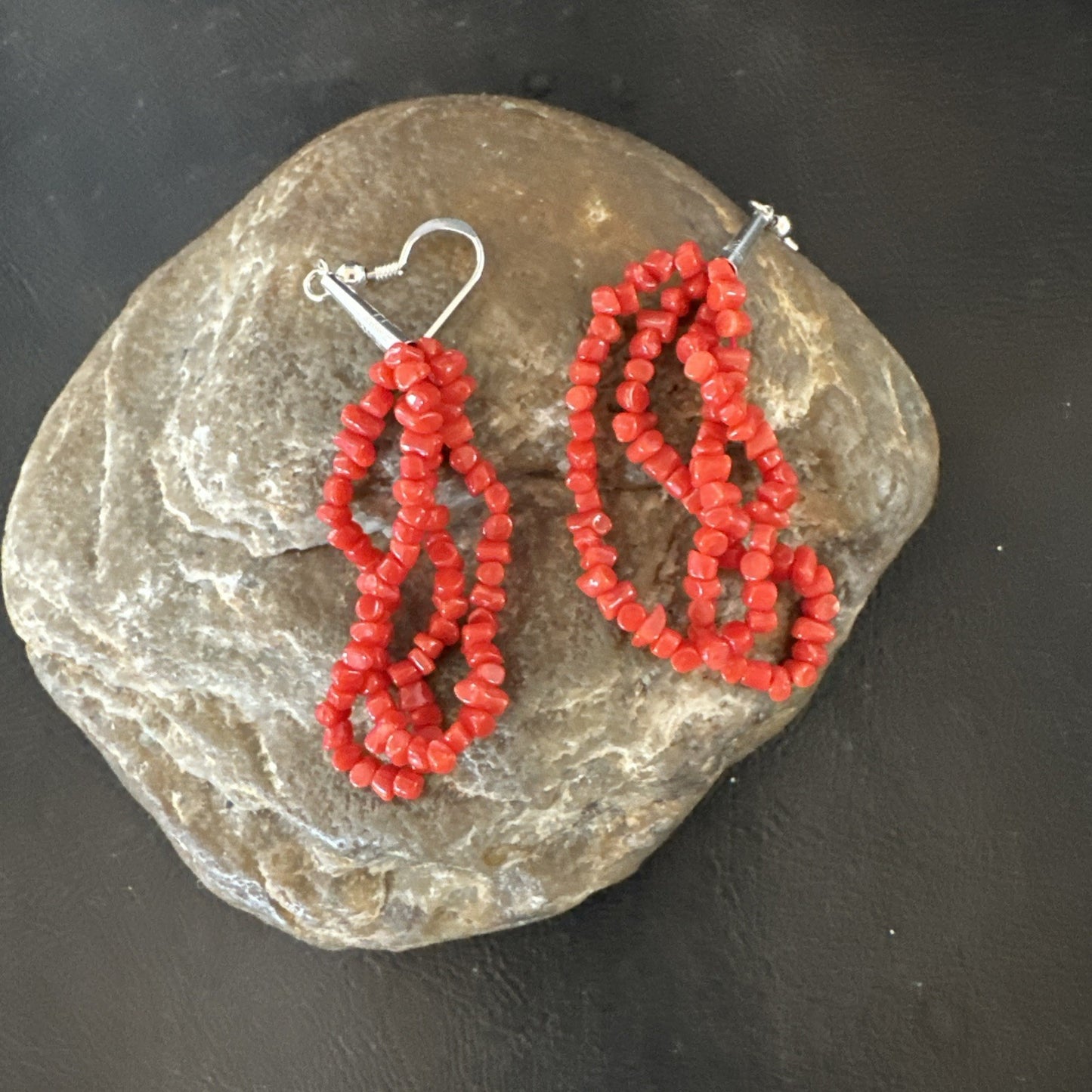 Native Red Real Coral Nugget Sterling Silver Dangle 2 Strand Earrings 2" 19347