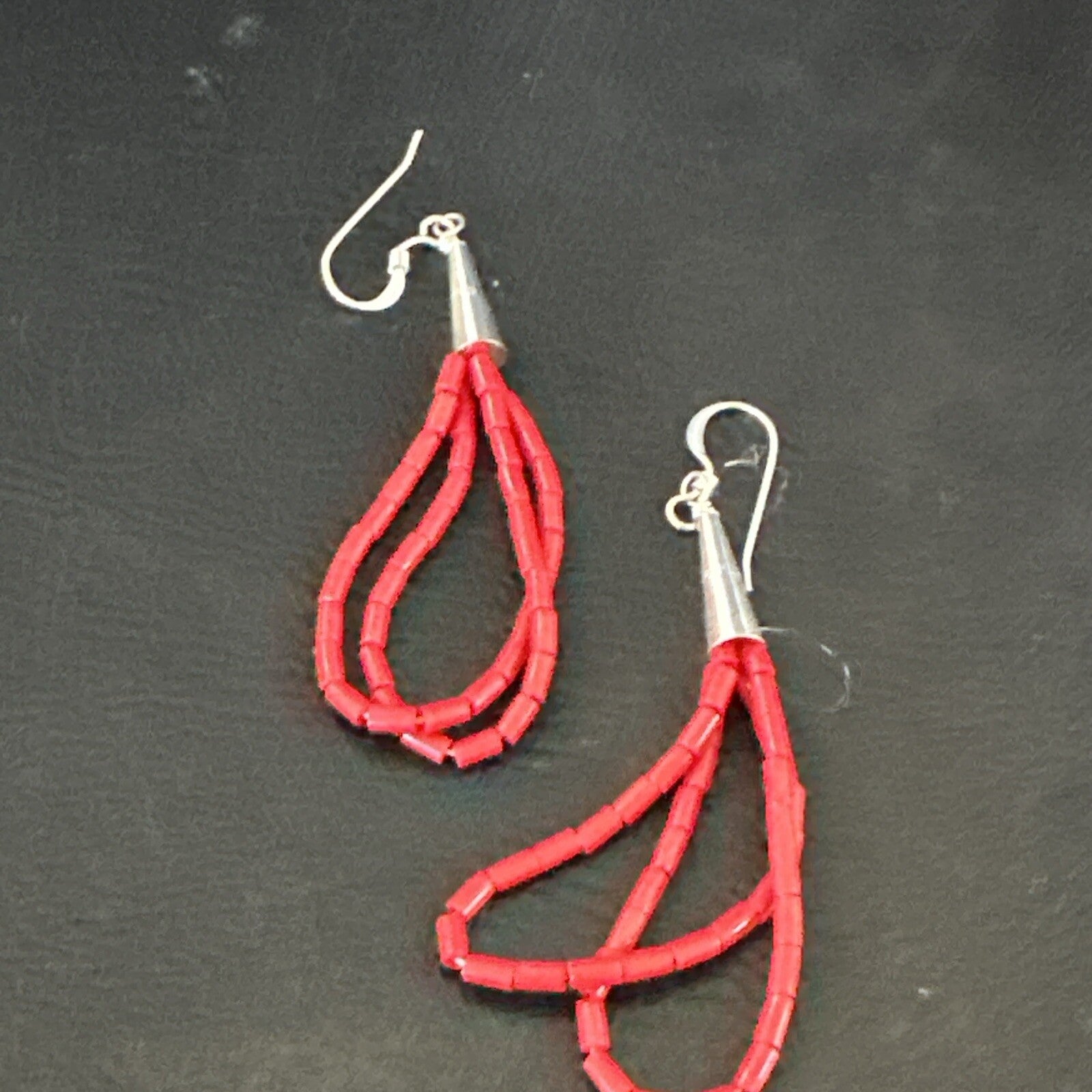 Native Red Coral Heishi Tube Liquid Sterling Silver Dangle Earrings 2" 4394