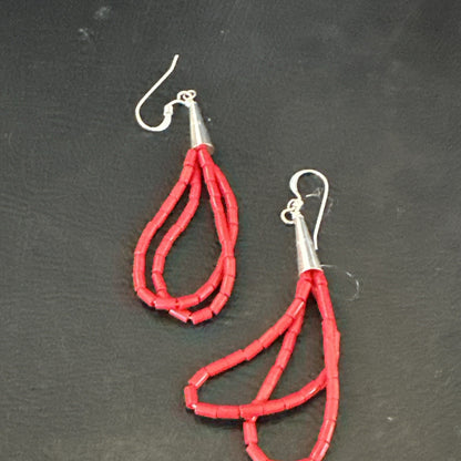 Native Red Coral Heishi Tube Liquid Sterling Silver Dangle Earrings 2" 4394