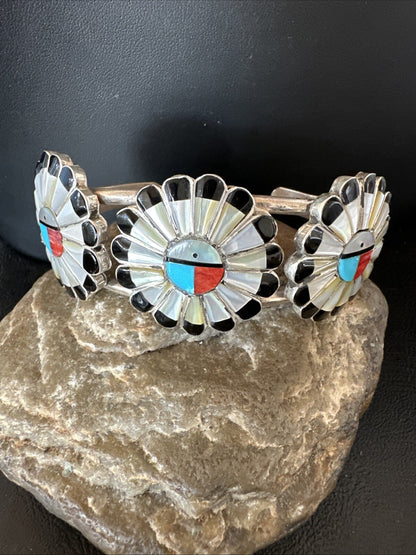 Blue Turquoise Coral MOP Zuni Sterling Silver Inlay Sunface Cuff Bracelet 18872