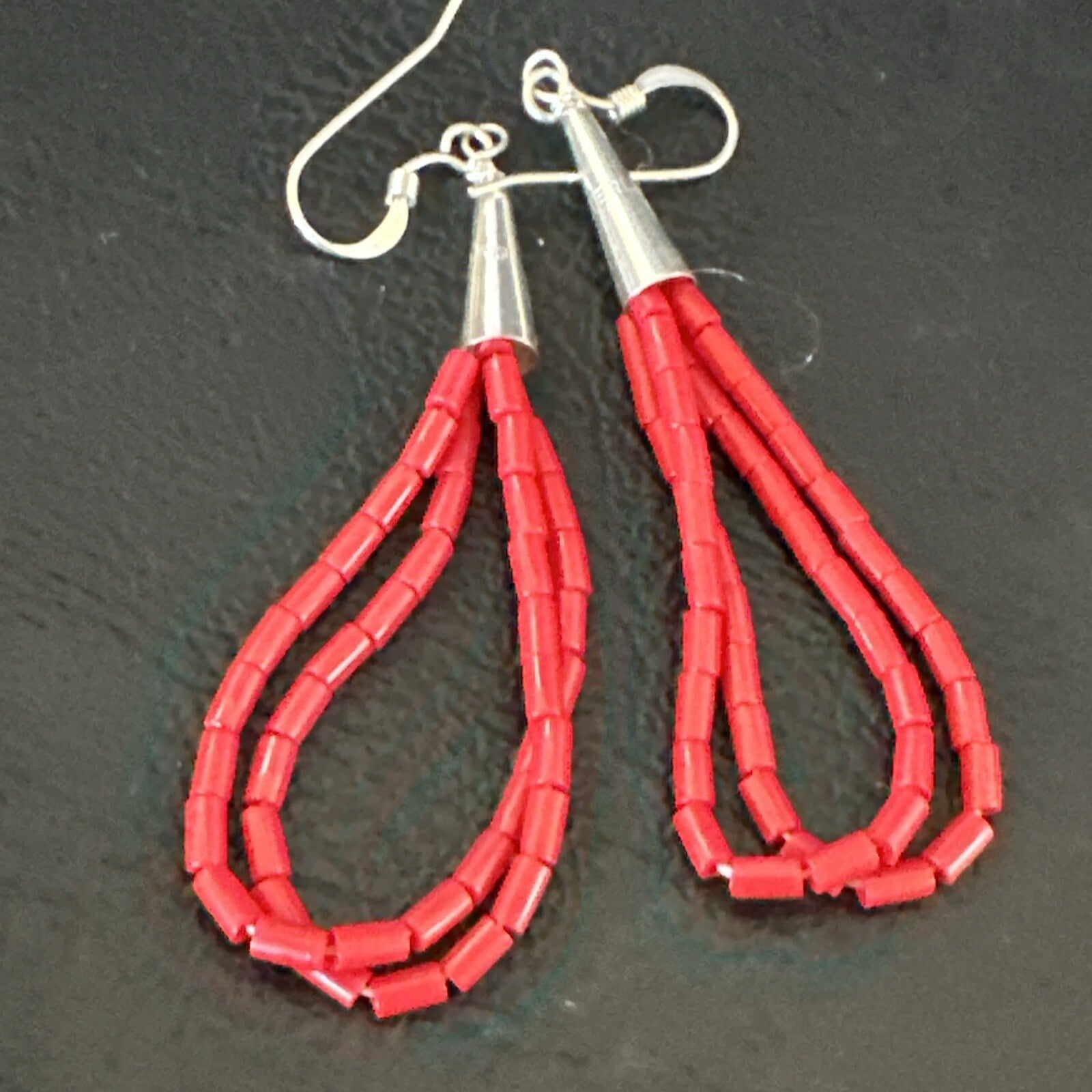 Native Red Coral Heishi Tube Liquid Sterling Silver Dangle Earrings 2" 4394