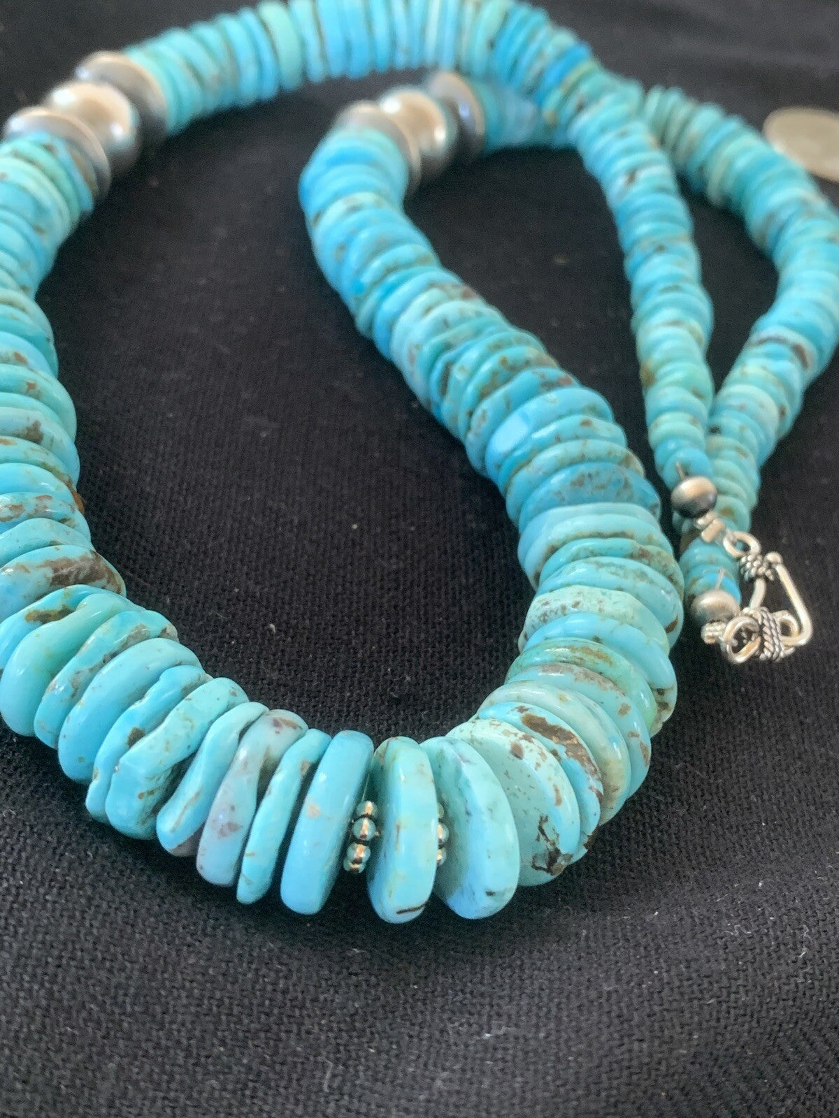 Blue Turquoise Graduated Navajo Pearls Sterling Silver Necklace 25" 00602