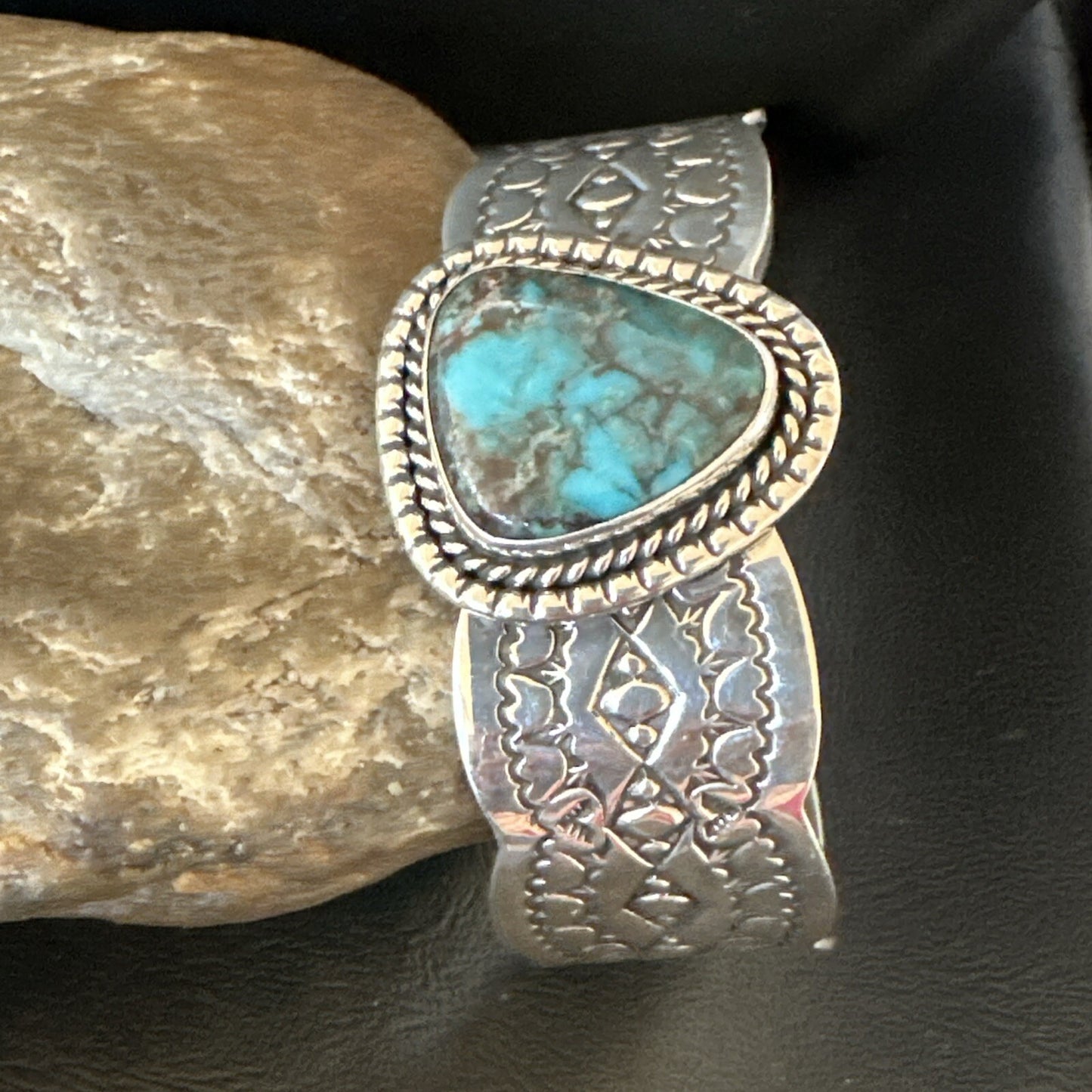 Navajo Blue TURQUOISE Stamped Sterling Silver Cuff Bracelet 8.3" 18716