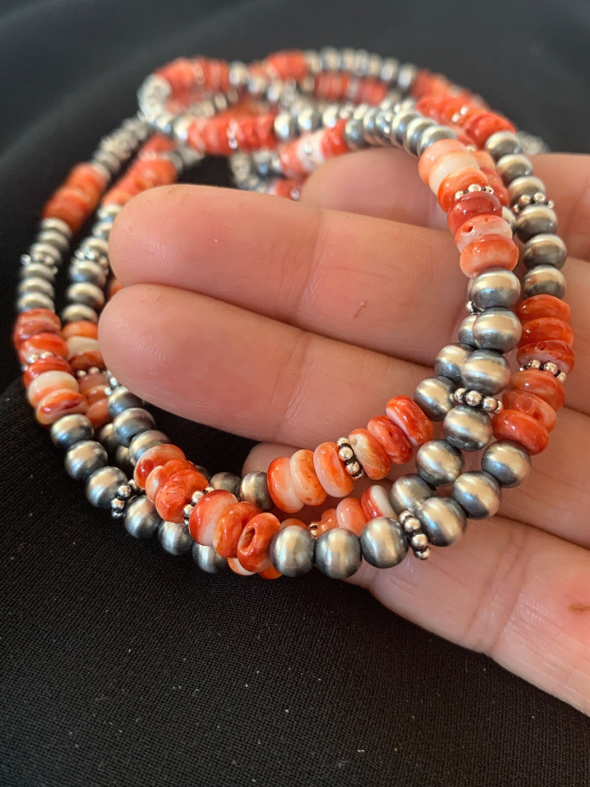 Red Spiny Oyster 3 Strands Navajo Pearls Sterling Silver Necklace 03172