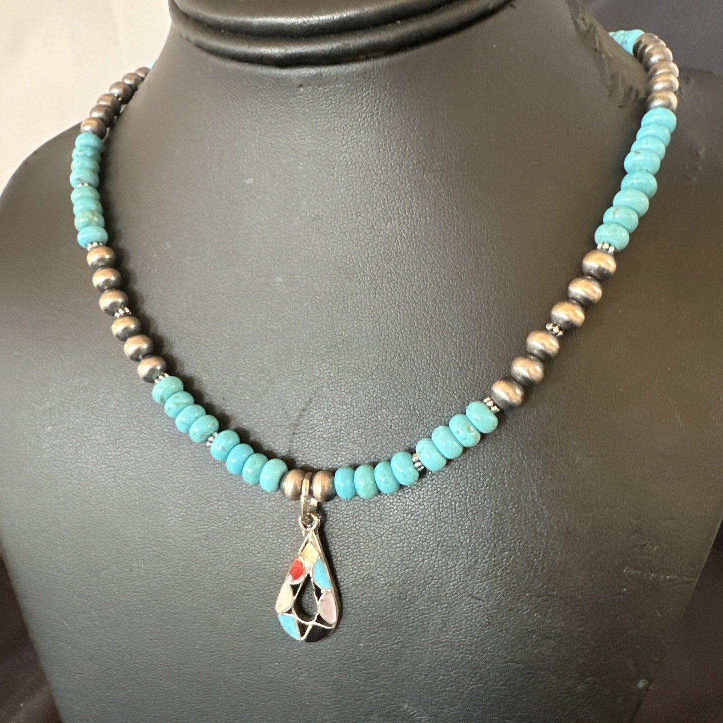 Zuni Turquoise Pink MOP Inlay Pendant 2Sided Necklace Sterling Silver 18064