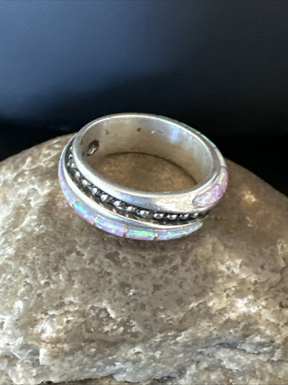 Pink Opal Navajo Sterling Silver Band Inlay Ring Size 9 18784
