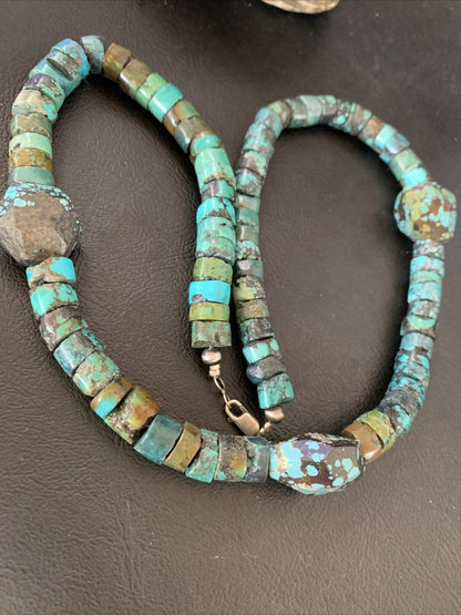 Men Chunky Spiderweb Turquoise Heishi Navajo Sterling Silver Necklace 21” 124505
