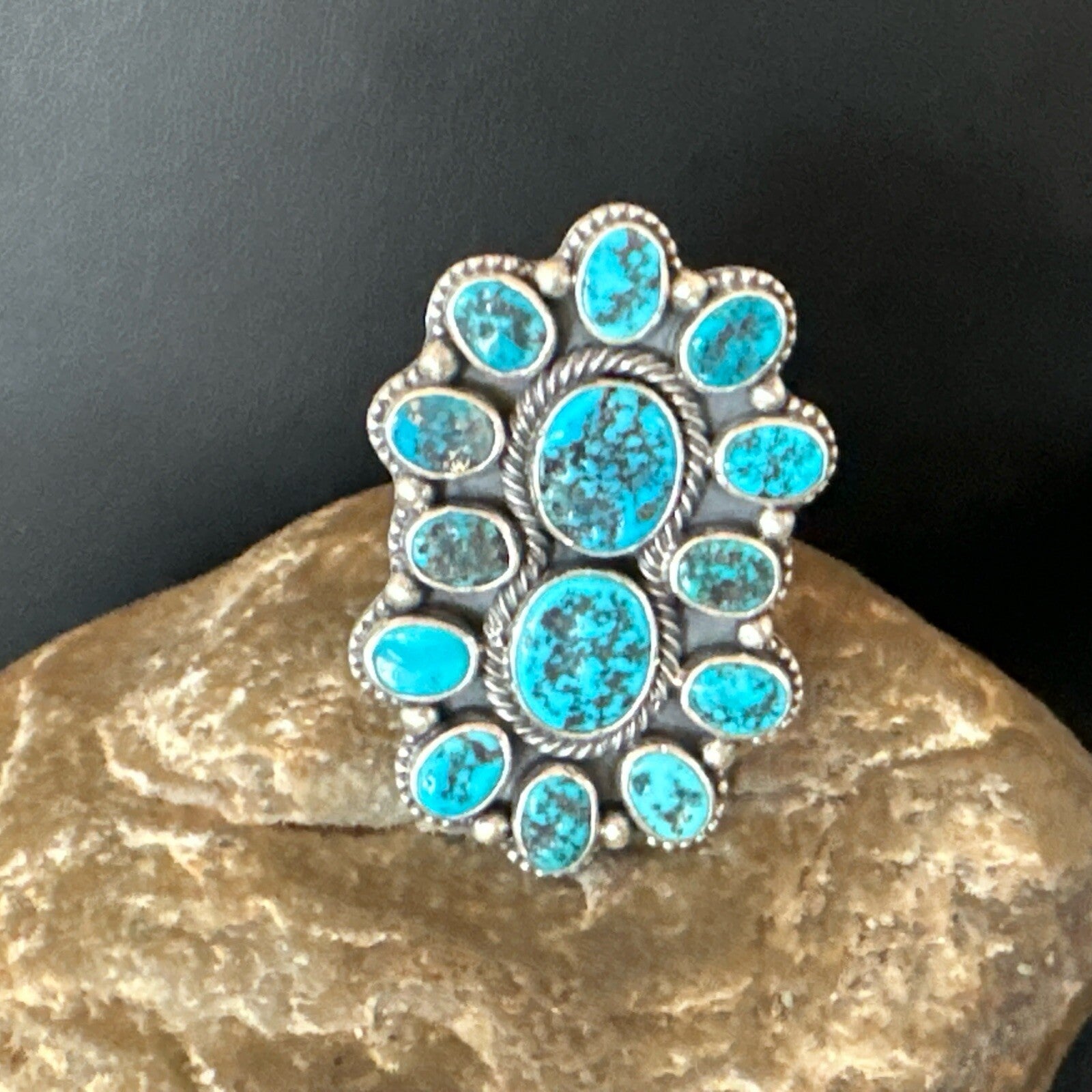 Navajo Cluster Blue Kingman Turquoise Sterling Silver Adjustable Ring Sz 7 18794