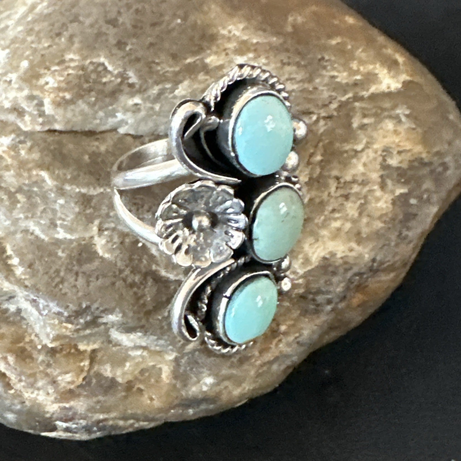 Yazzie Ring Blue Turquoise Navajo Sterling Silver Cluster Size 8.5 19225