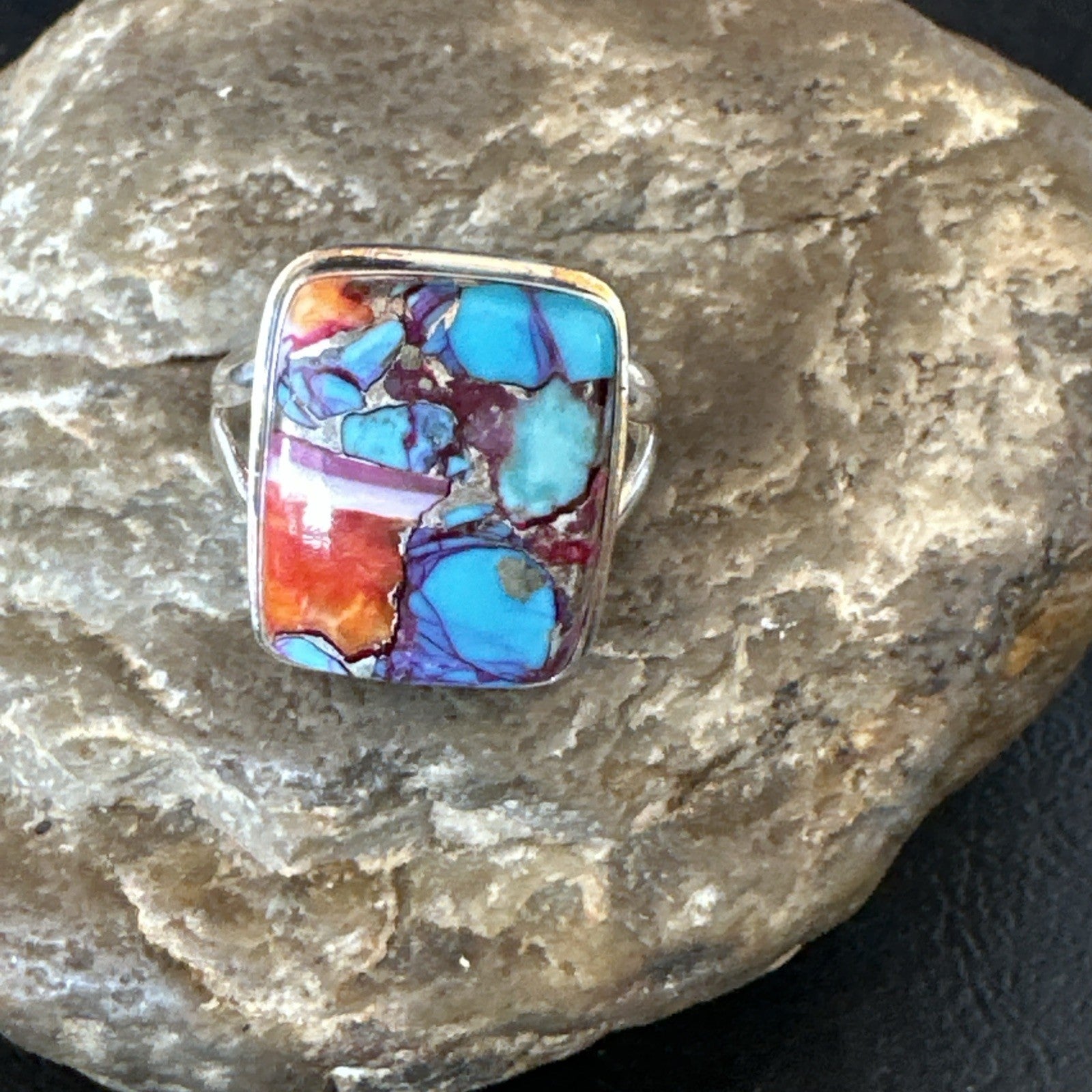 Blue Turquoise Spiny Oyster Southwestern Sterling Silver Ring Size 9 19061