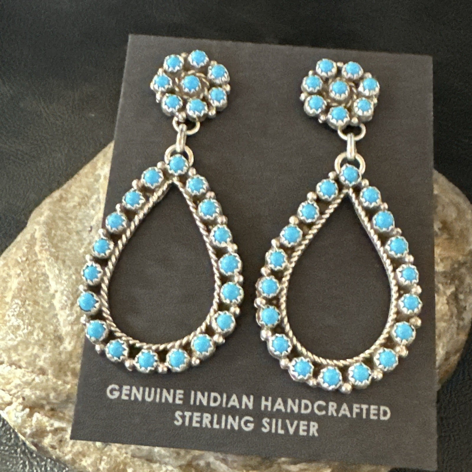 Zuni Petite Point Turquoise Cluster Earrings Sterling Silver Handmade 19772